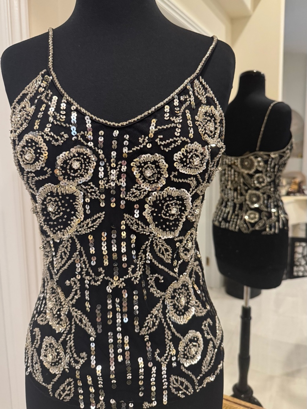 Beaded Floral hand beaded Sequin rhinestone Spaghetti Strap top Black stretch